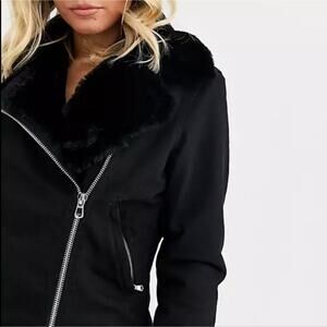 NWT $268 Free People Black Wool XS Faux Fur Coat Jacket